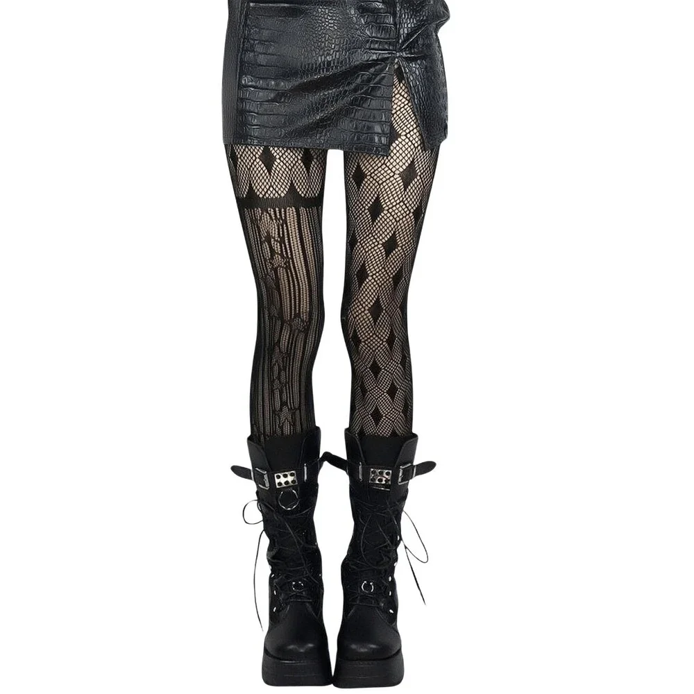 OYOANGLE Womens Black Gothic Striped Graphic Fishnet Tights OS Style Fit - NWT